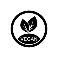 Vegan certification logo with two leaves and the word 'VEGAN' on a white background