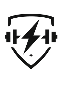 Black logo with a shield, lightning bolt, and dumbbells on a white background, signifying superior recovery. 